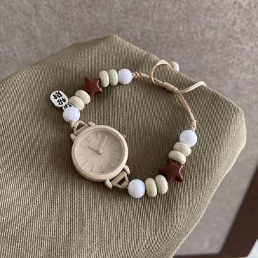 WHITE BEADED WATCH BRACELET - NATURAL STONE HEART CHARM TOGGLE CLASP BOHO WATCH