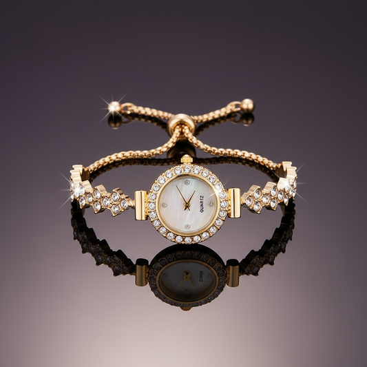 Golden Crystal Watch Bracelet with Reflection