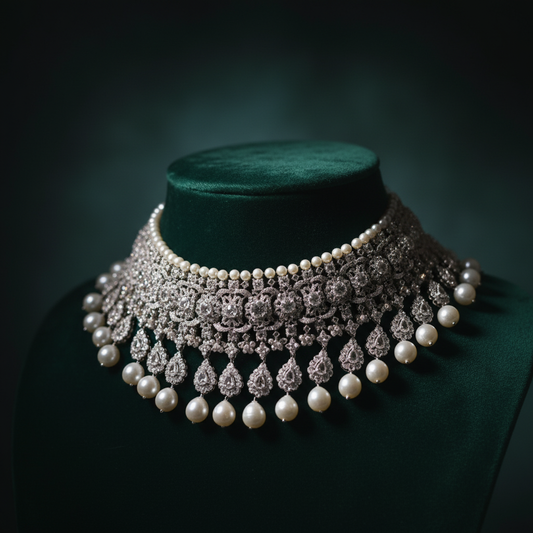 Three-quarter angle on burgundy velvet bust