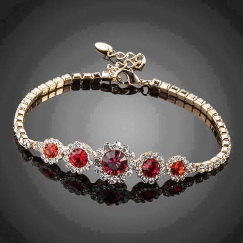 RUBY CRYSTAL BRACELET - GOLD TENNIS BRACELET WITH RED GEMSTONE HALO CHARMS