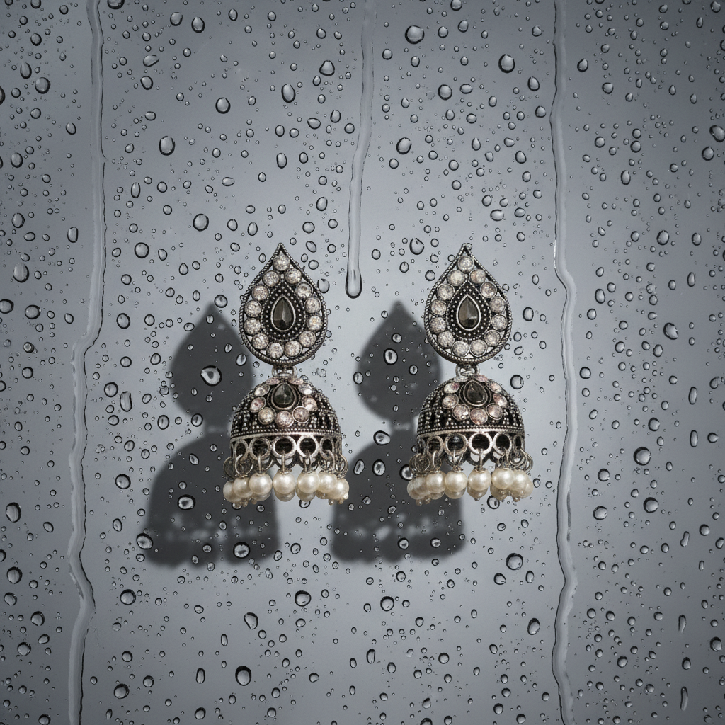 Earrings on mirror with rain and blurred shadows