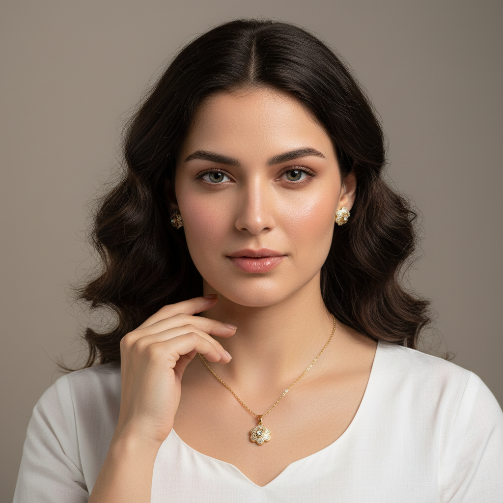 Gold Flower Jewelry Set Lifestyle Portrait