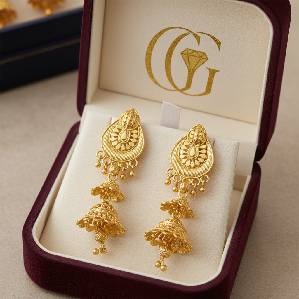 Gold jhumka earrings in jewelry box with GG logo