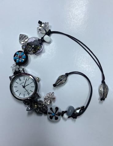 BLACK CHARM WATCH BRACELET - SILVER SKULL HEART LEAF ADJUSTABLE BOHEMIAN WATCH
