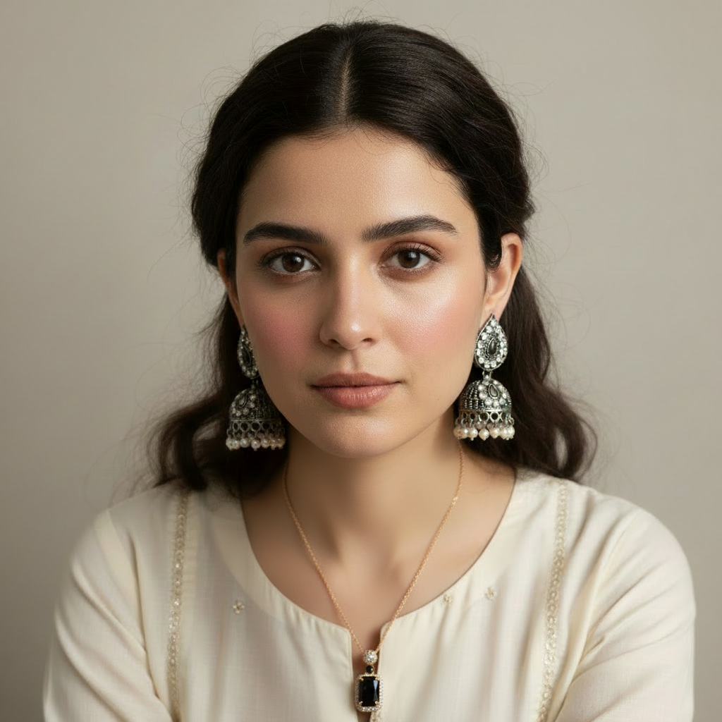 Model wearing correct black pendant - enhanced skin