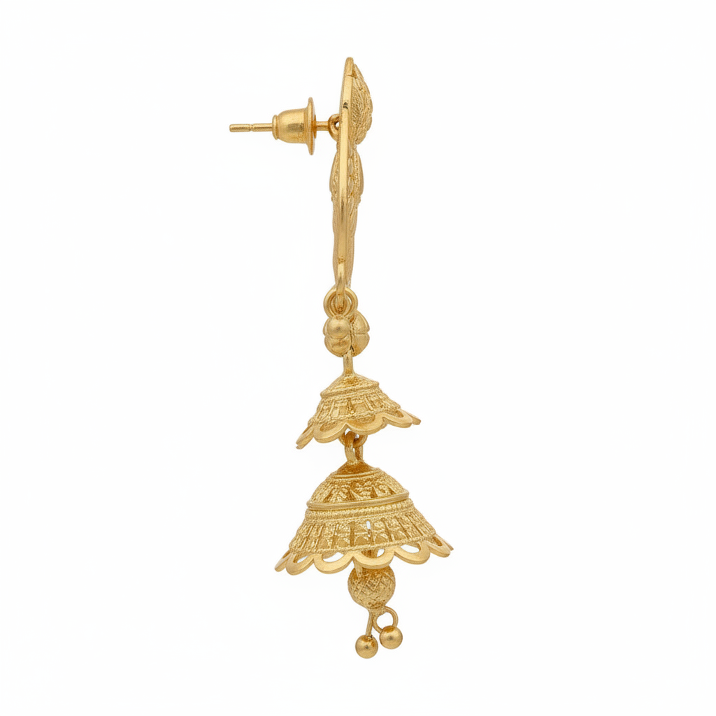 Side profile view of gold jhumka earrings